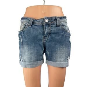 Red Rivet Blue Embroidered Distressed Cuffed Low Rise Mom Denim Jeans Shorts S